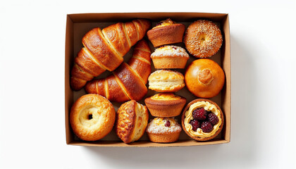 Wall Mural - Top view of a box with various freshly baked pastries, showcasing their texture and appeal.






