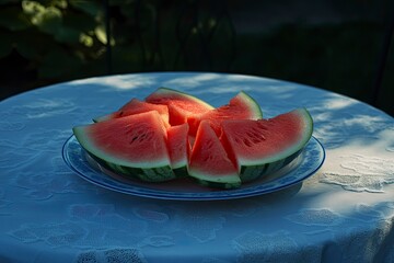 Tasty sliced watermelon on table outdoors