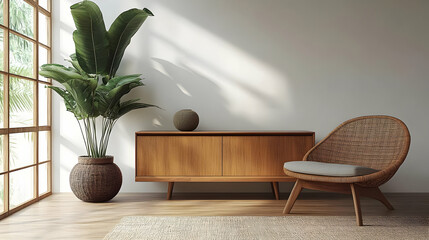 A serene interior featuring a wooden cabinet, chair, and decorative plants.