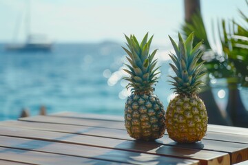 Two fresh and cool pineapple on a wooden tabele in a costal hotel facing towards sea. Close up