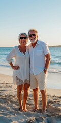 Wall Mural - A couple is posing for a picture on the beach. The man is wearing a white shirt and khaki shorts, while the woman is wearing a white dress. They both have sunglasses on and are smiling for the camera