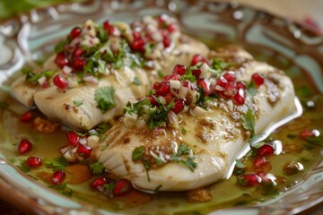 Chiles en Nogada: Chiles en nogada served with pomegranate seeds and walnut sauce