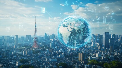 Wall Mural - Digital globe with global network and icons of smart city, sustainable development, and environmental protection concepts on a blue background.