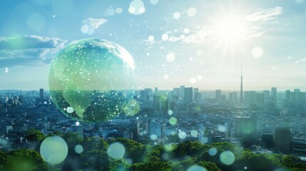 Wall Mural - Digital globe with global network and icons of smart city, sustainable development, and environmental protection concepts on a blue background.