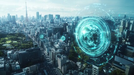 Wall Mural - Digital globe with global network and icons of smart city, sustainable development, and environmental protection concepts on a blue background.