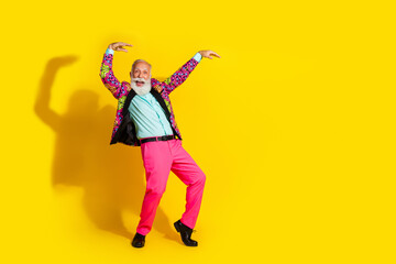 Sticker - Full size photo of handsome pensioner mister dancing have fun dressed stylish colorful pink classy garment isolated on yellow background