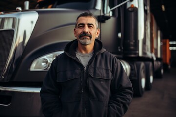 Wall Mural - Portrait of a Hispanic middle aged body positive male truck driver