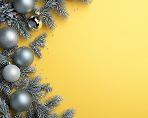 Wall Mural - Christmas yellow background with Christmas balls and gray decorations