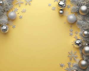 Wall Mural - Christmas yellow background with Christmas balls and gray decorations