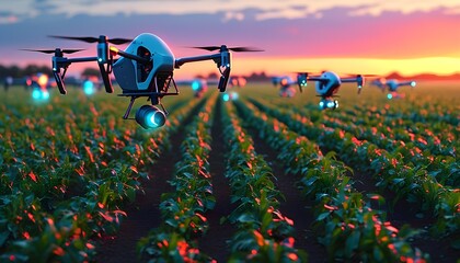 Futuristic drone fleet overseeing crops with floating data holograms in a vibrant neon landscape powered by generative AI