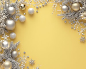 Wall Mural - Christmas yellow background with Christmas balls and gray decorations