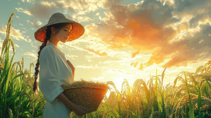 Vietnamese woman harvesting rice in a rice field in Asia, China, nature, farm, farmer, harvest, harvesting, international rice day, september 20, cereals, agriculture, organic, autumn, vegetarian food