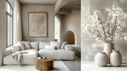 Wall Mural - A serene living room with neutral tones and decorative vases.