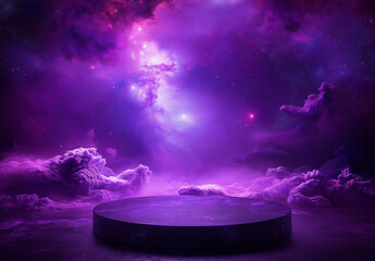 Wall Mural - Product mockup on a cosmic background with a purple pedestal