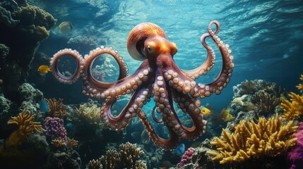 A graceful octopus floating near the ocean floor, its tentacles curling delicately as it hovers over a beautiful coral reef