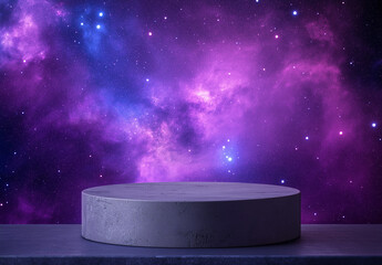 Wall Mural - Cosmic product display with purple nebula background and purple podium