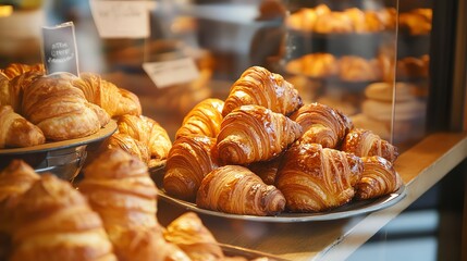 A close-up view of a bakery display case full of golden croissants.