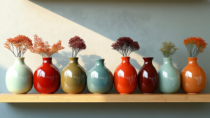 Wall Mural - A shelf displays colorful vases filled with dried flowers, creating a vibrant decor.