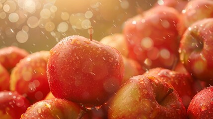 Wall Mural - Fresh apples with water droplets in soft sunlight