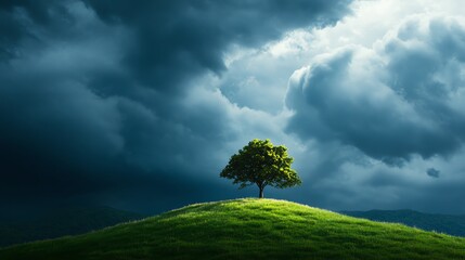 A solitary tree stands on a lush green hill under a dramatic sky filled with dark clouds, creating a striking contrast in nature.