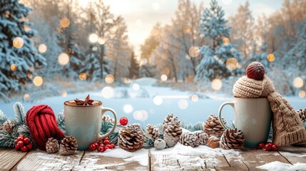 Cozy winter border with mittens, scarves, and hot cocoa 