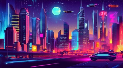 Wall Mural - Futuristic Cityscape at Night with Neon Lights and Flying Cars