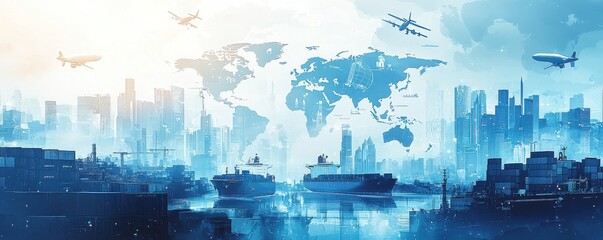 Global shipping network illustrated with a blue and white world map featuring cargo ships and cityscape, symbolizing international trade and logistics