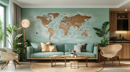 A stylish living room featuring a world map mural, plants, and cozy furniture.