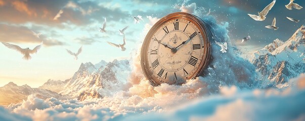 Surreal landscape with a vintage clock floating in the sky amidst majestic mountains and flying white birds