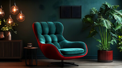 Wall Mural - A stylish lounge area featuring a plush chair, plants, and ambient lighting.