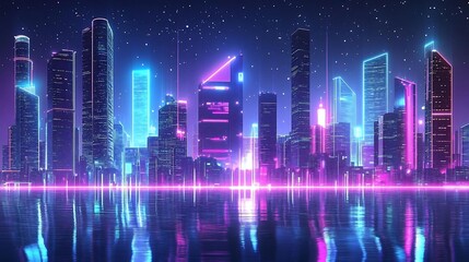 Wall Mural - Neon City Skyline Reflection in Water