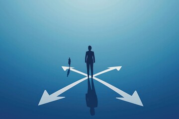 Person standing at a crossroads with three arrows symbolizing decision making and direction in an abstract concept of choices and future pathways