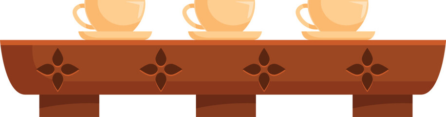 Poster - wooden shelf with floral carvings holding three teacups with saucers, evoking a cozy and traditional