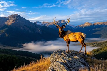 a majestic elk standing on a ridge, framed by towering mountains as the early morning mist rises aro