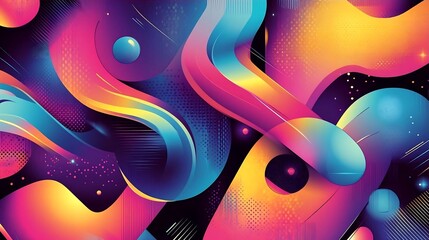 Sticker - Abstract Colorful Swirls and Shapes with Neon Lights and Glowing Dots Background