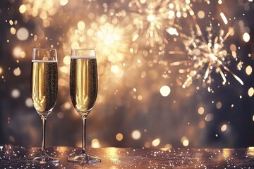 Two Champagne Flutes with Festive Bokeh Background