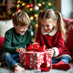 portrait of two young children unwrapping a christmas gift against a christmas background. they are 