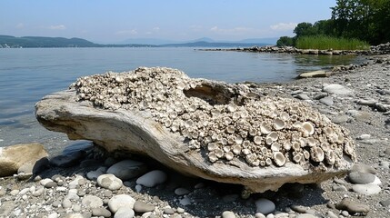 A Driftwood Log Covered in Barnacles on a Pebble Beach