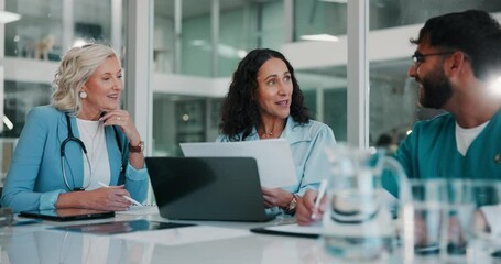 Canvas Print - Collaboration, documents and medical with people in boardroom of hospital for meeting, planning or research. Doctors, healthcare and nurses with professional medicine group in clinic for education