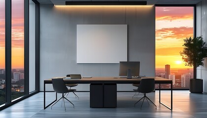 Minimalist Office Space Featuring Expansive Windows and Blank Walls with Sunset Cityscape, Ideal for Creative or Corporate Environments, Emphasizing Natural Light and Calmness