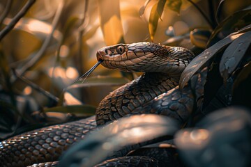 A striking green snake poised amidst lush foliage in a golden-hued tropical forest