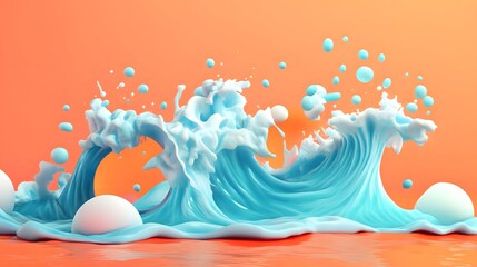 Poster - A vibrant, stylized wave in blue, creating dynamic splashes against an orange background. Perfect for creative designs.