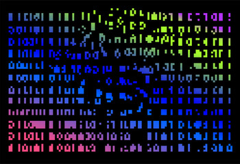 Aufkleber - Abstract digital art piece that resembles a computer screen with a chaotic arrangement of colored squares of pink, purple, blue and green, with some white squares that look like numbers and symbols.
