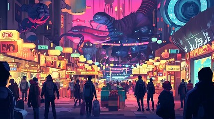 Cyberpunk City Street Night Market Neon Lights Futuristic Illustration