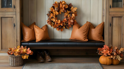 Wall Mural - Cozy autumn entryway with a bench, decorative pillows, and seasonal decor.