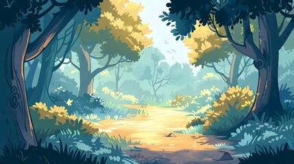 Wall Mural - Forest Path Illustration with Green Trees