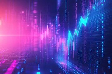 Wall Mural - A digital background with a glowing arrow pointing up and a stock market chart in dark blue, purple, and pink colors.