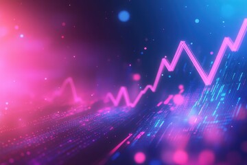 Wall Mural - A digital background with a glowing arrow pointing up and a stock market chart in dark blue, purple, and pink colors.