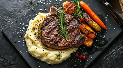 Grilled ribeye steak with creamy mashed potatoes and roasted vegetables, garnished with fresh rosemary on a sleek black plate