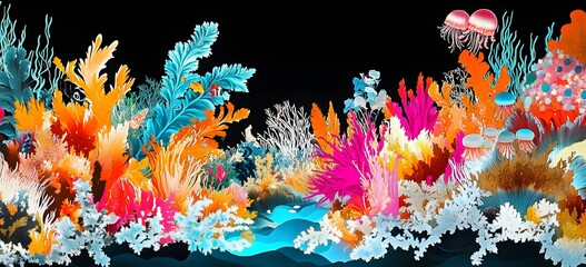 Colorful Abstract Underwater Coral Reef with Jellyfish